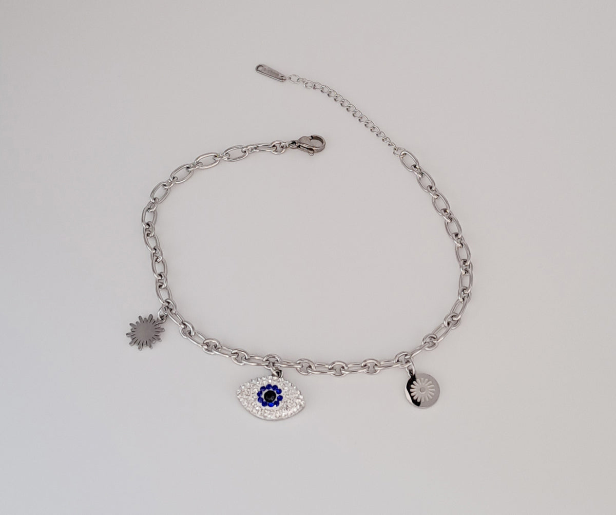 Pulseira de Pé Prateada com Olho Grego de Zircónias