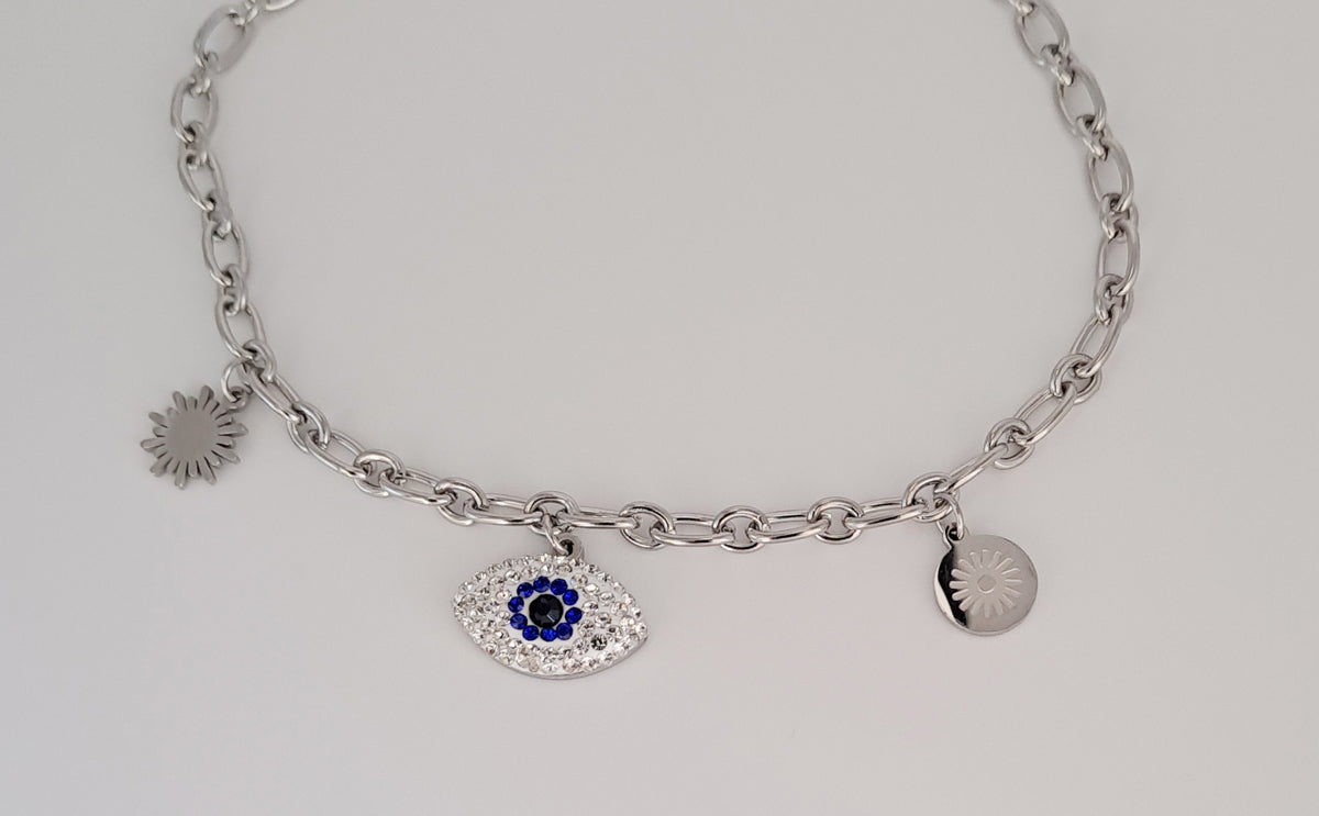 Pulseira de Pé Prateada com Olho Grego de Zircónias