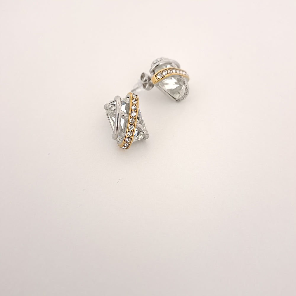 Brincos femininos prateados com zircónias cristal, aço inoxidável design entrelaçado