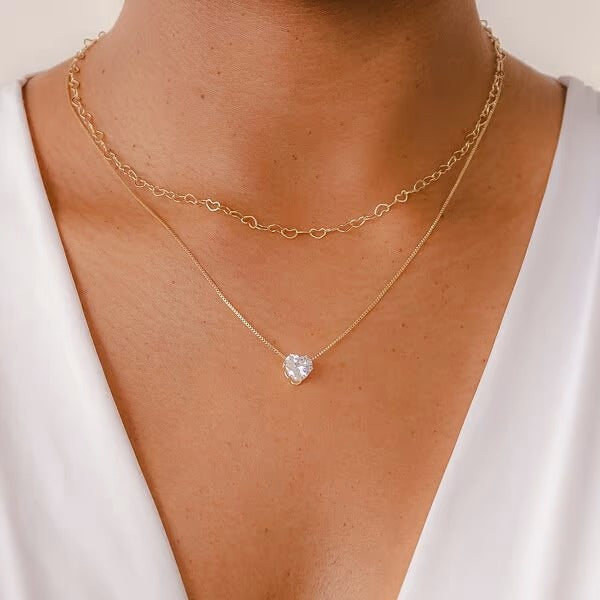 Colar Duplo Banhado a Ouro 18k com Elos de Corações e Zircónia Cristal em Forma de Coração