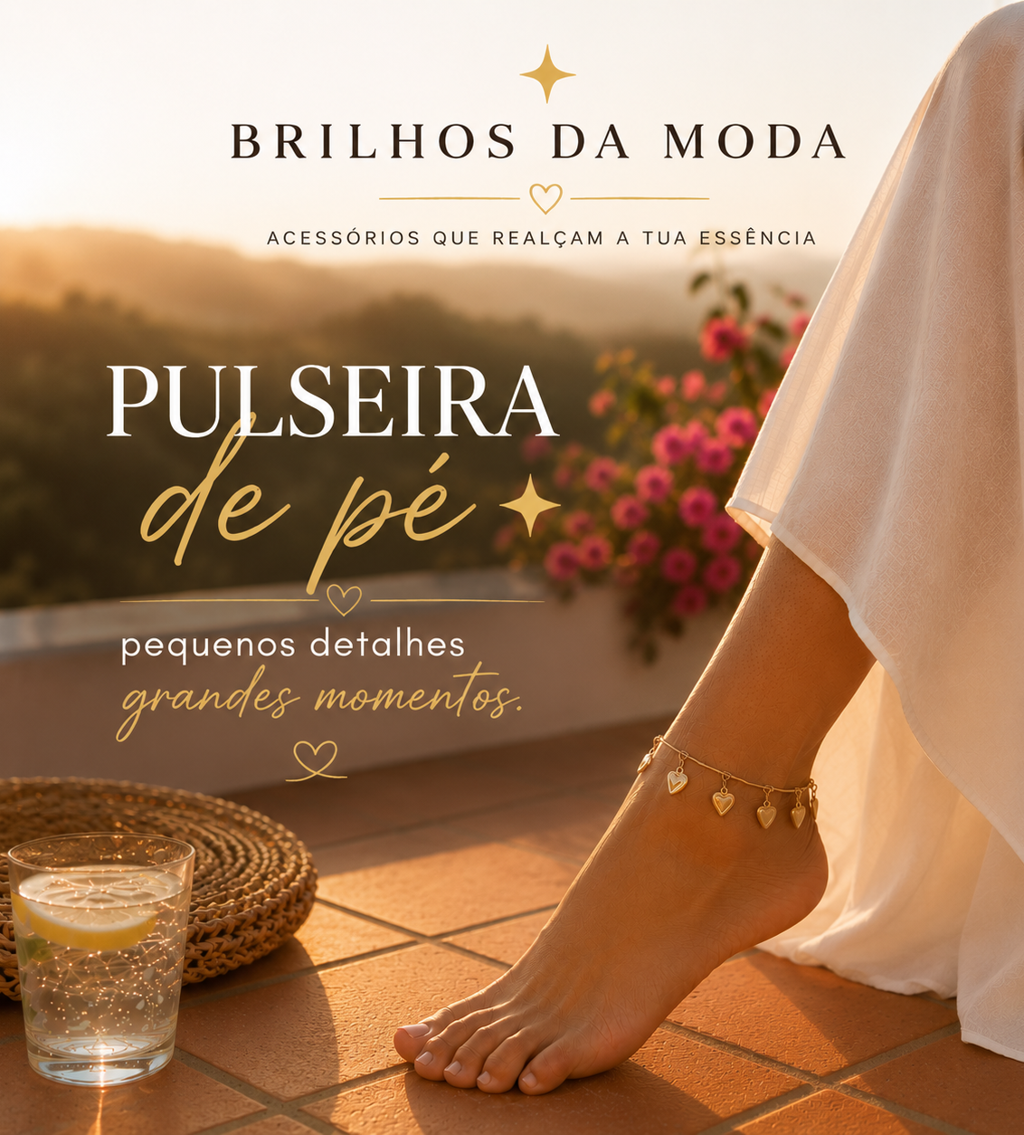Pulseira de Pé Dourada Adornada com Pingentes em Forma de Coração